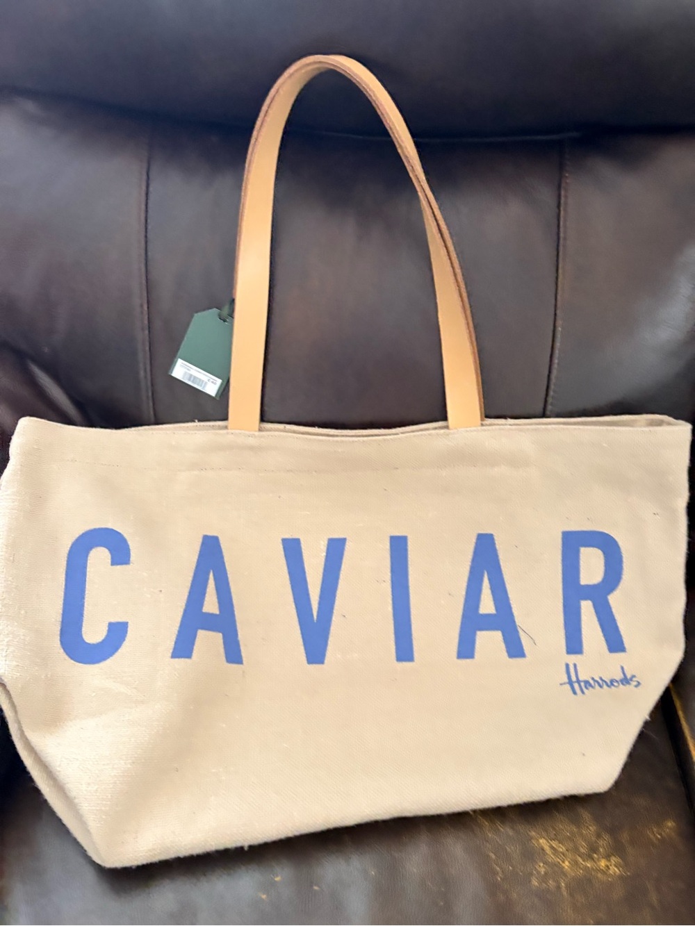 Harrods Tan Canvas Tote with Blue CAVIAR Logo